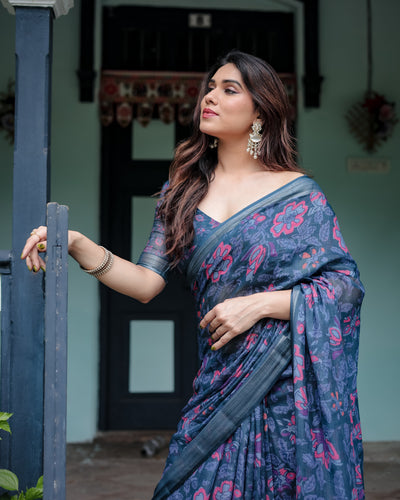 Navy Blue Pure Cotton Linen Saree with Floral Print, Blouse, and Tassel Detailing