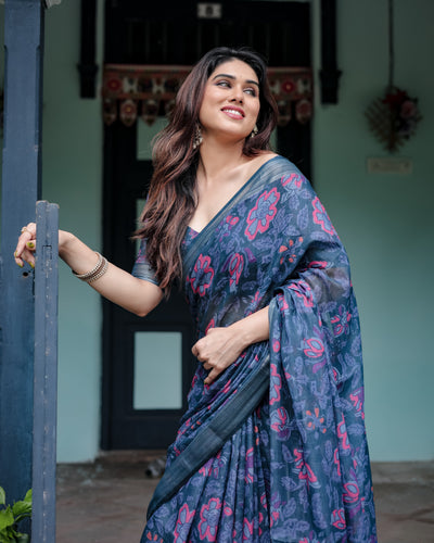 Navy Blue Pure Cotton Linen Saree with Floral Print, Blouse, and Tassel Detailing