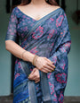 Navy Blue Pure Cotton Linen Saree with Floral Print, Blouse, and Tassel Detailing