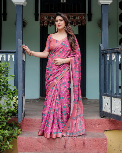 Magenta and Pink Pure Cotton Linen Saree with Floral and Paisley Block Print, Blouse, and Tassel Detailing