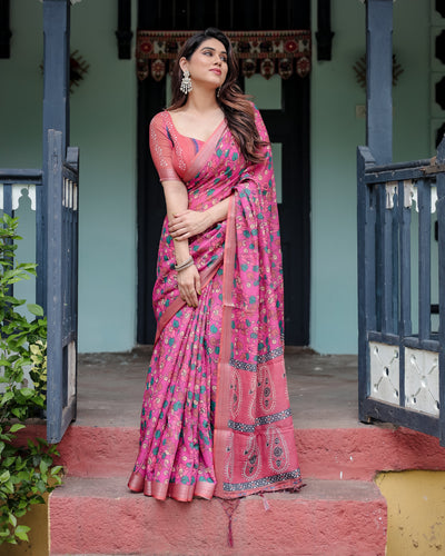 Magenta and Pink Pure Cotton Linen Saree with Floral and Paisley Block Print, Blouse, and Tassel Detailing