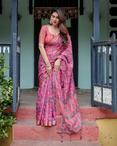 Magenta and Pink Pure Cotton Linen Saree with Floral and Paisley Block Print, Blouse, and Tassel Detailing