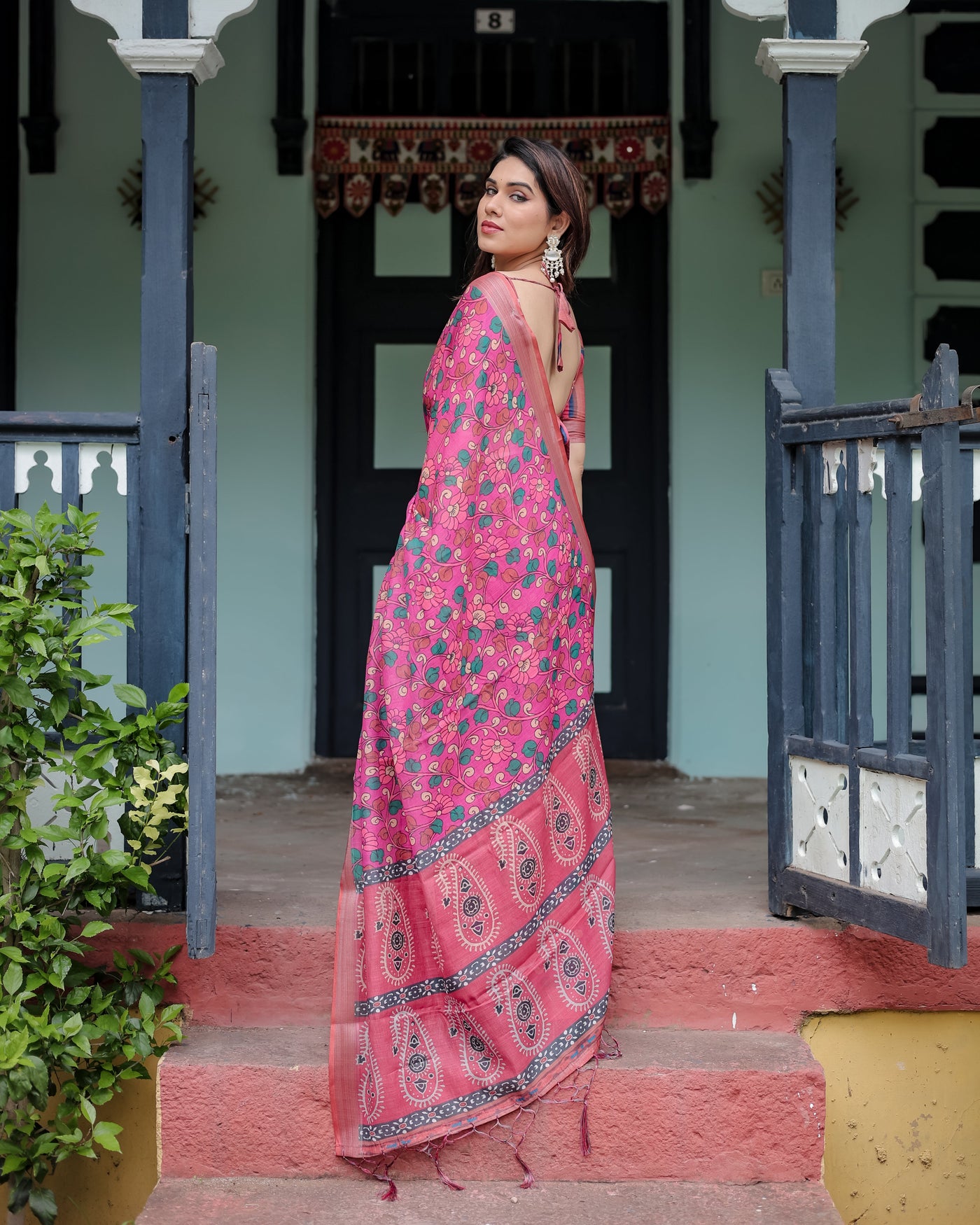 Magenta and Pink Pure Cotton Linen Saree with Floral and Paisley Block Print, Blouse, and Tassel Detailing