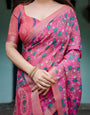 Magenta and Pink Pure Cotton Linen Saree with Floral and Paisley Block Print, Blouse, and Tassel Detailing