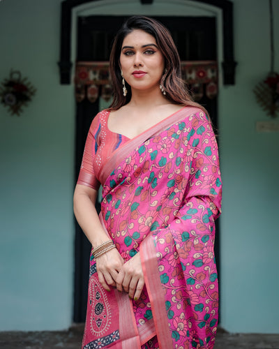 Magenta and Pink Pure Cotton Linen Saree with Floral and Paisley Block Print, Blouse, and Tassel Detailing