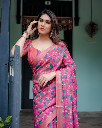 Magenta and Pink Pure Cotton Linen Saree with Floral and Paisley Block Print, Blouse, and Tassel Detailing