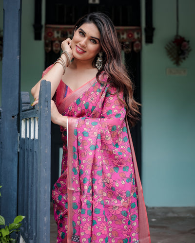 Magenta and Pink Pure Cotton Linen Saree with Floral and Paisley Block Print, Blouse, and Tassel Detailing