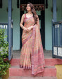 Beige and Rust Pure Cotton Linen Saree with Tribal Block Print, Blouse, and Tassel Detailing