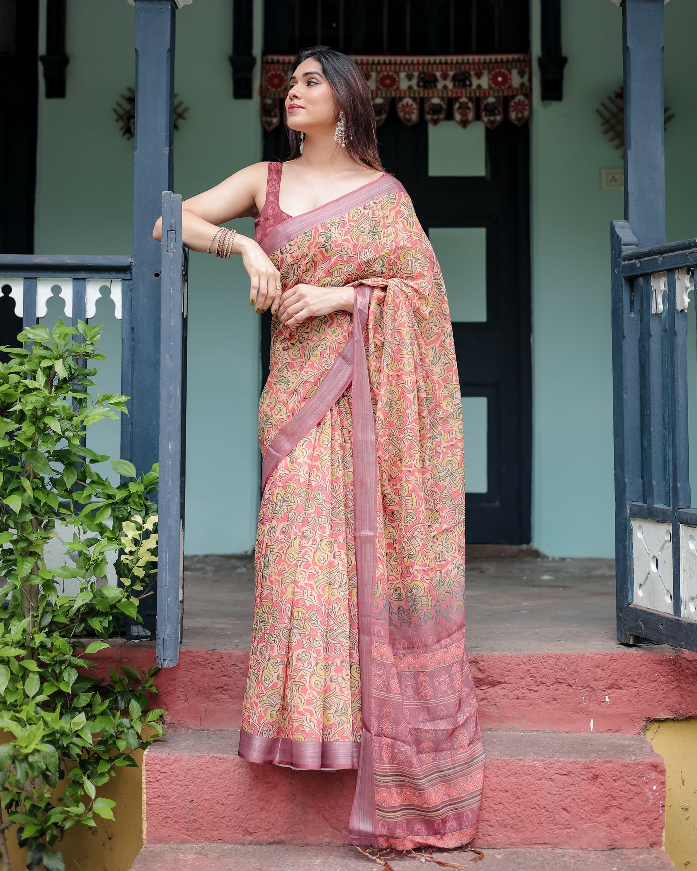 Beige and Rust Pure Cotton Linen Saree with Tribal Block Print, Blouse, and Tassel Detailing