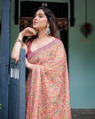 Beige and Rust Pure Cotton Linen Saree with Tribal Block Print, Blouse, and Tassel Detailing