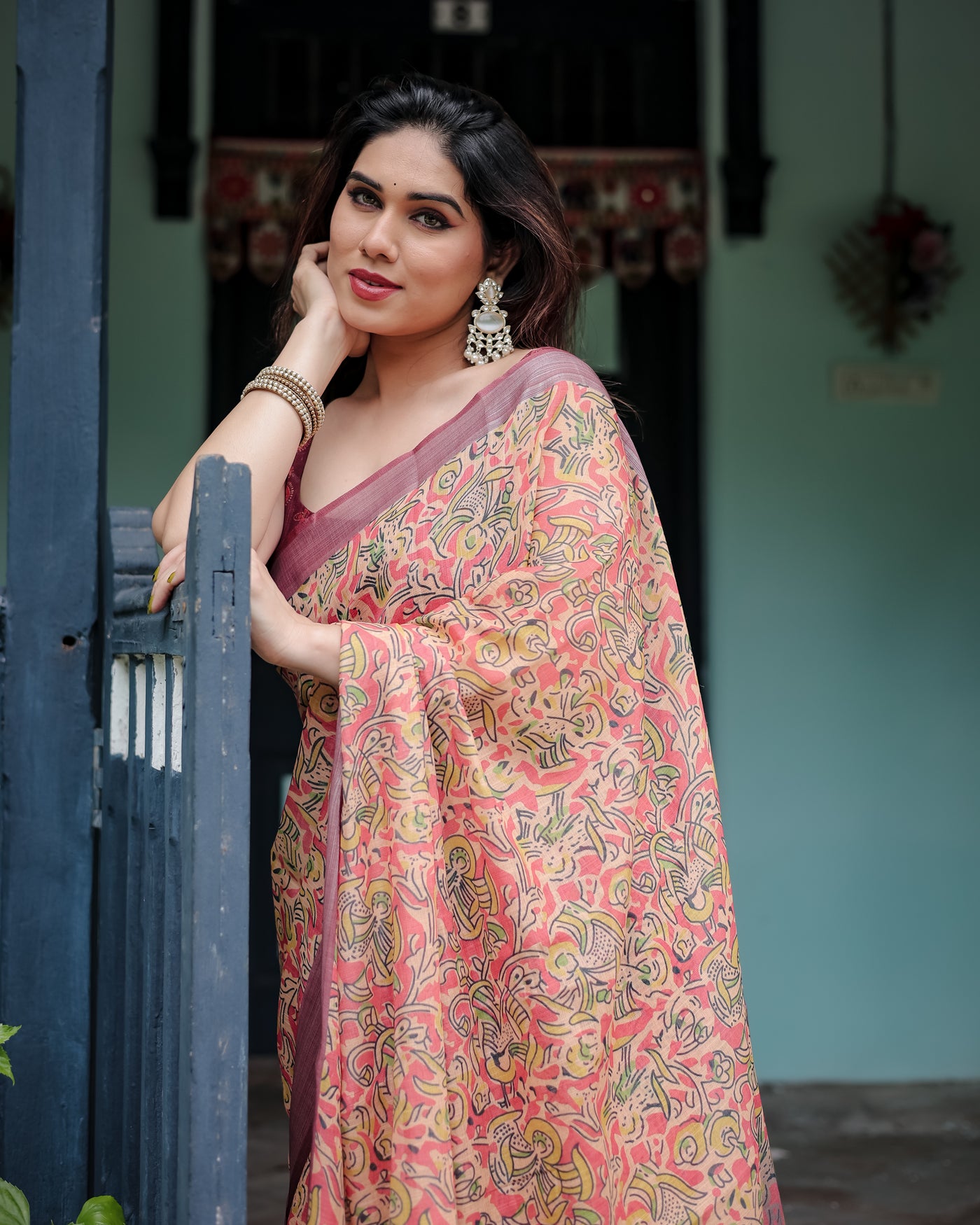 Beige and Rust Pure Cotton Linen Saree with Tribal Block Print, Blouse, and Tassel Detailing