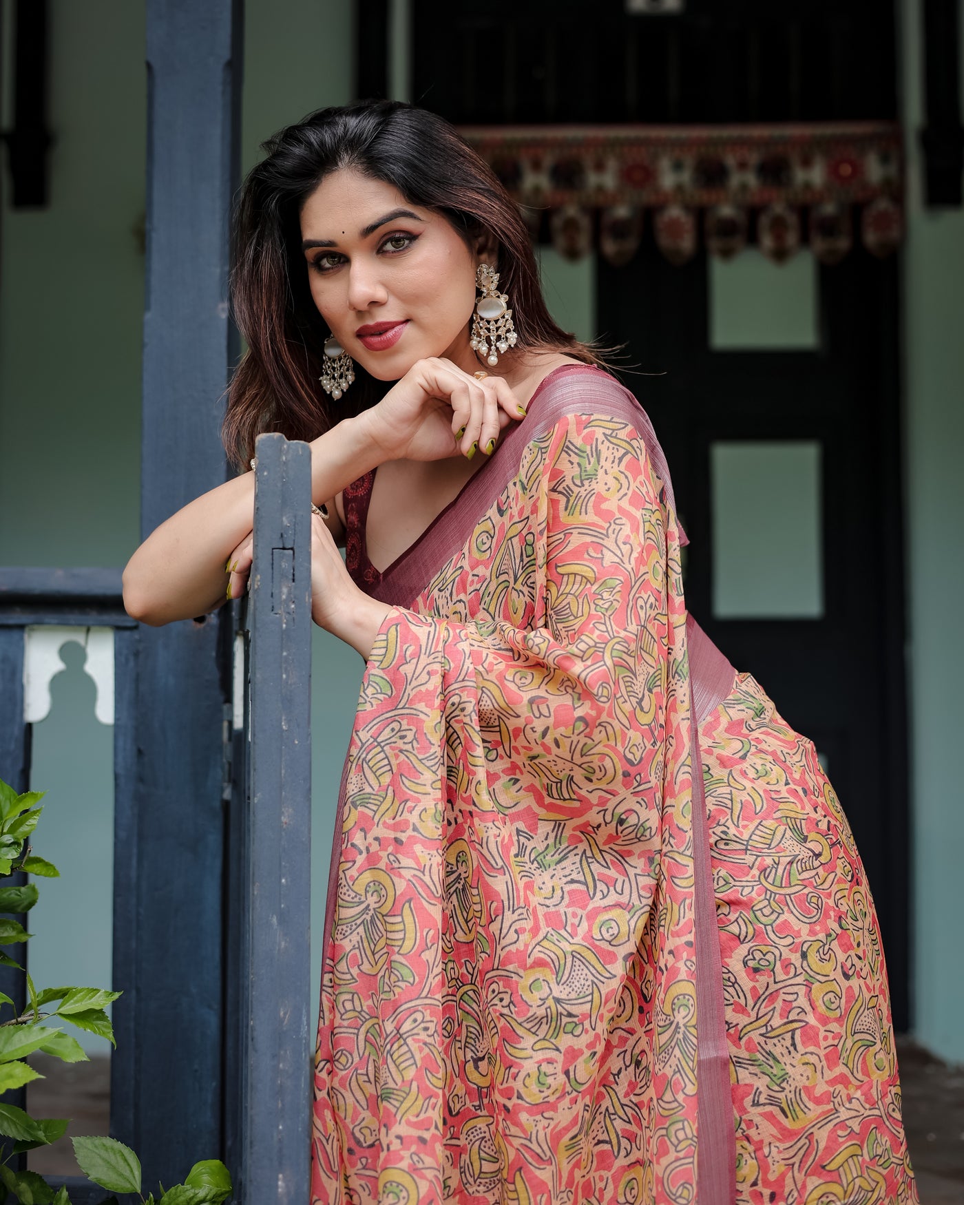 Beige and Rust Pure Cotton Linen Saree with Tribal Block Print, Blouse, and Tassel Detailing