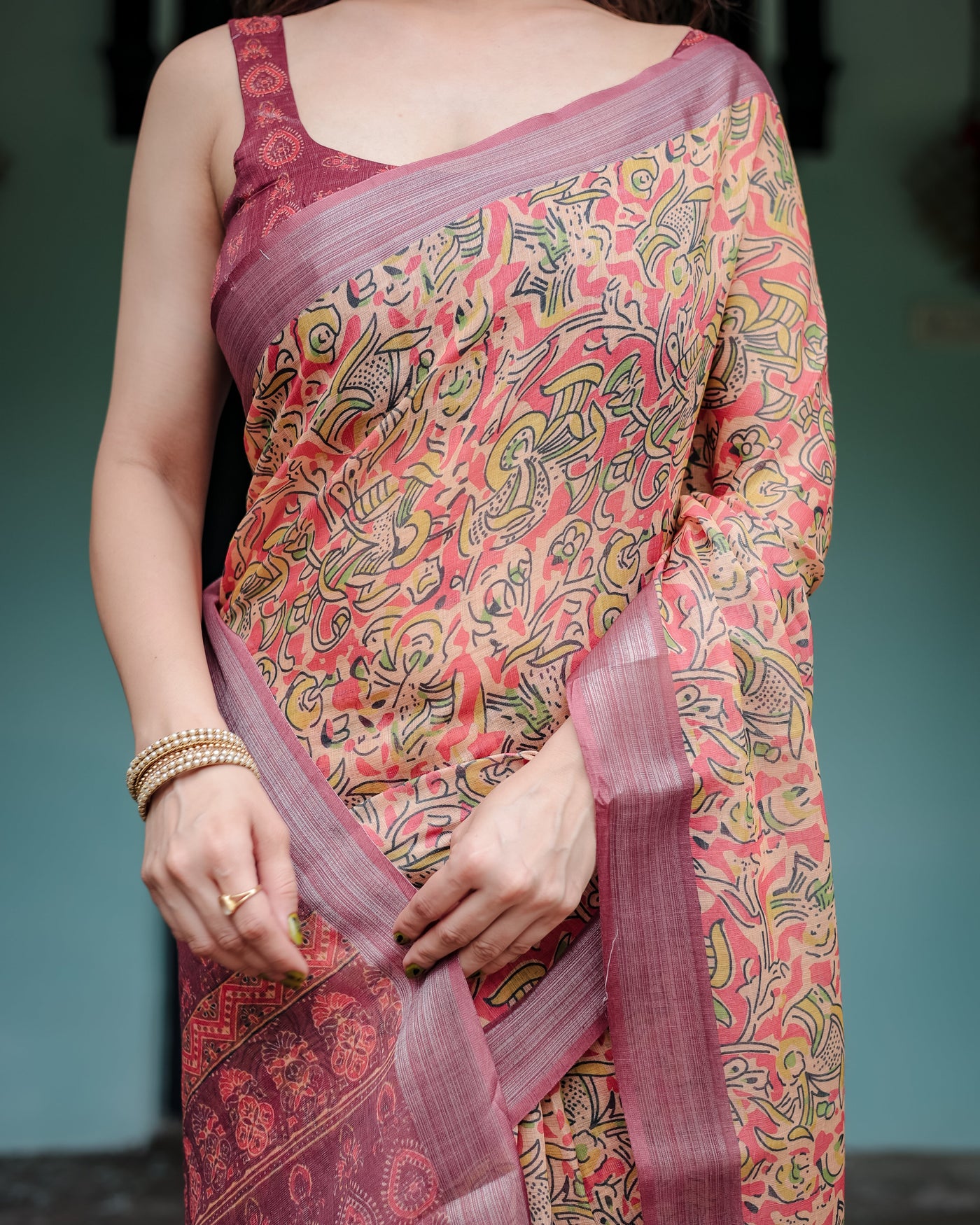 Beige and Rust Pure Cotton Linen Saree with Tribal Block Print, Blouse, and Tassel Detailing