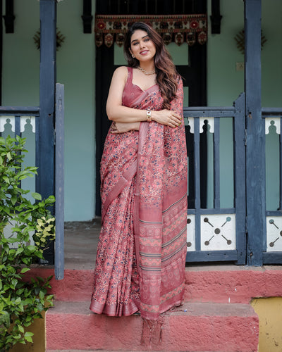 Rust Red Pure Cotton Linen Saree with Floral Block Print, Blouse, and Tassel Detailing