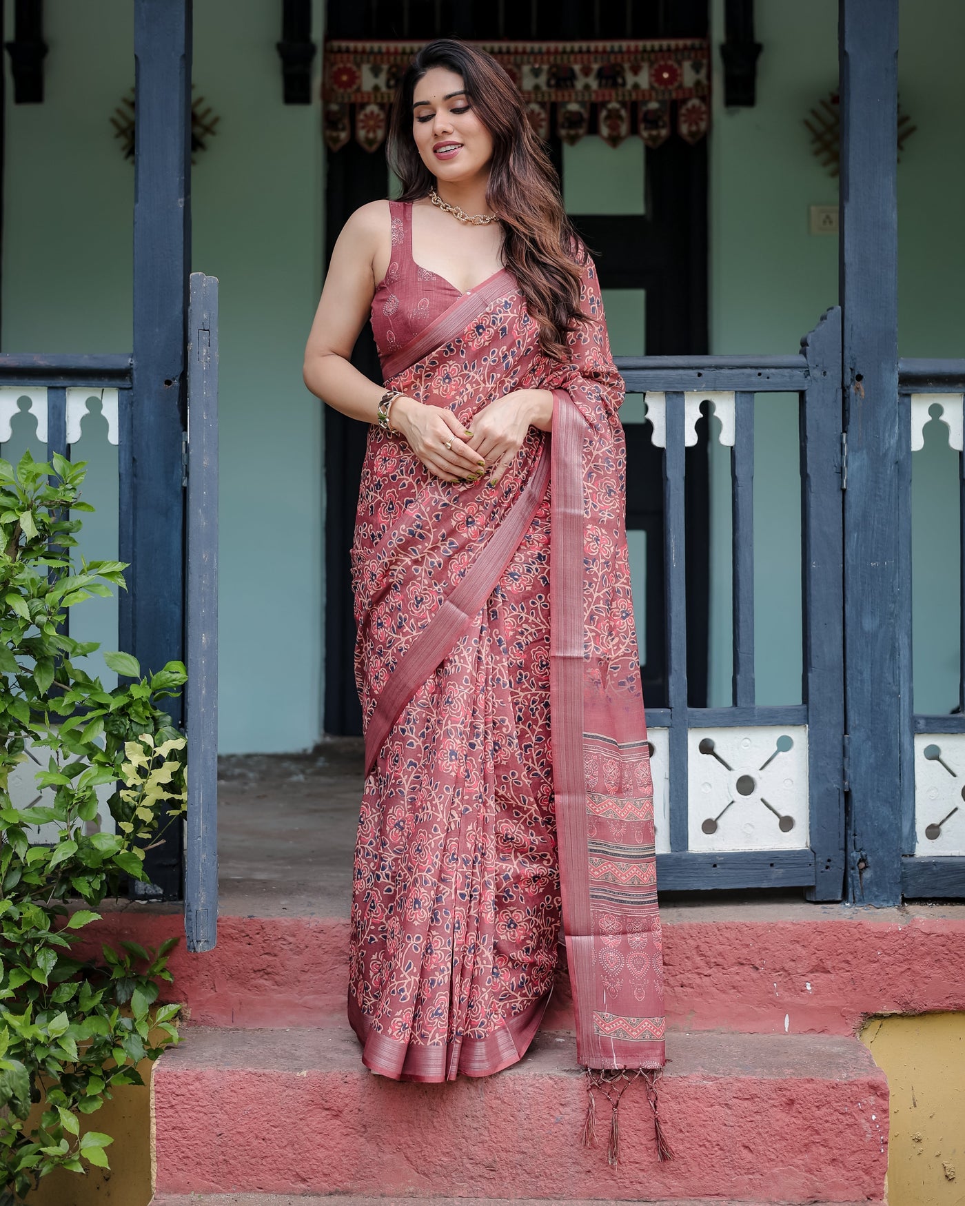 Rust Red Pure Cotton Linen Saree with Floral Block Print, Blouse, and Tassel Detailing