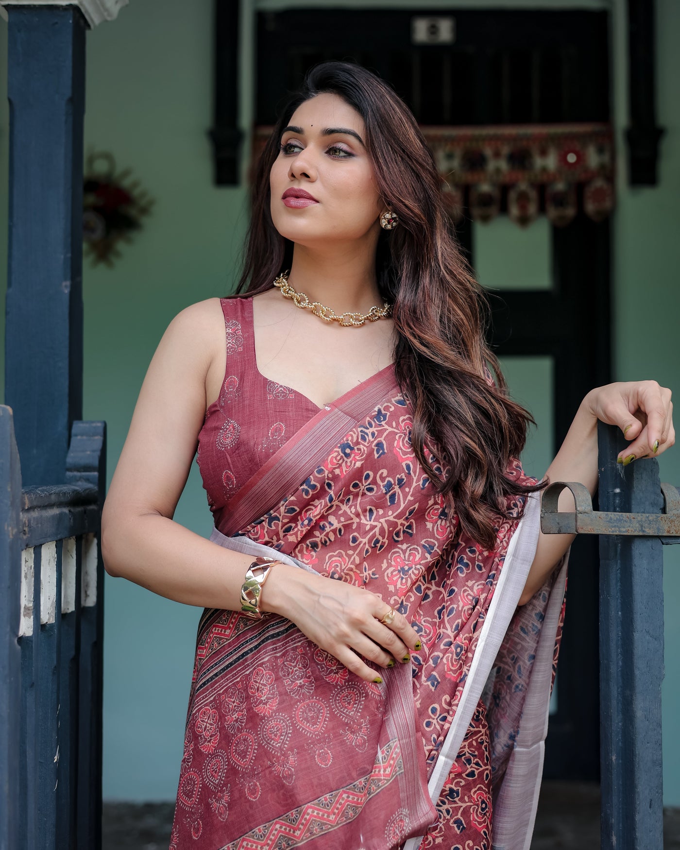 Rust Red Pure Cotton Linen Saree with Floral Block Print, Blouse, and Tassel Detailing