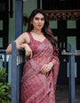 Rust Red Pure Cotton Linen Saree with Floral Block Print, Blouse, and Tassel Detailing