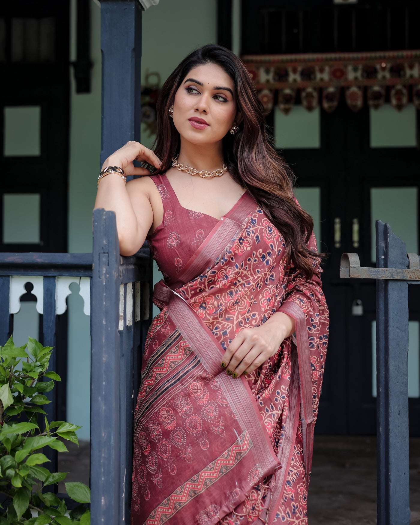 Rust Red Pure Cotton Linen Saree with Floral Block Print, Blouse, and Tassel Detailing