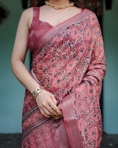 Rust Red Pure Cotton Linen Saree with Floral Block Print, Blouse, and Tassel Detailing