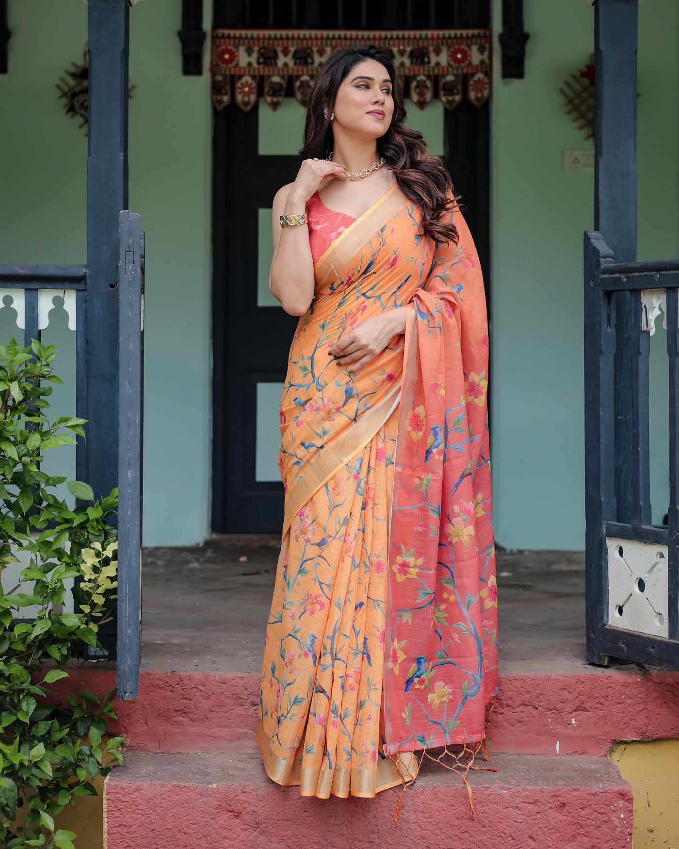 Peach and Orange Pure Cotton Linen Saree with Floral and Bird Print, Blouse, and Tassel Detailing