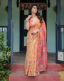 Peach and Orange Pure Cotton Linen Saree with Floral and Bird Print, Blouse, and Tassel Detailing