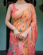 Peach and Orange Pure Cotton Linen Saree with Floral and Bird Print, Blouse, and Tassel Detailing