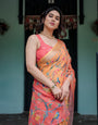 Peach and Orange Pure Cotton Linen Saree with Floral and Bird Print, Blouse, and Tassel Detailing