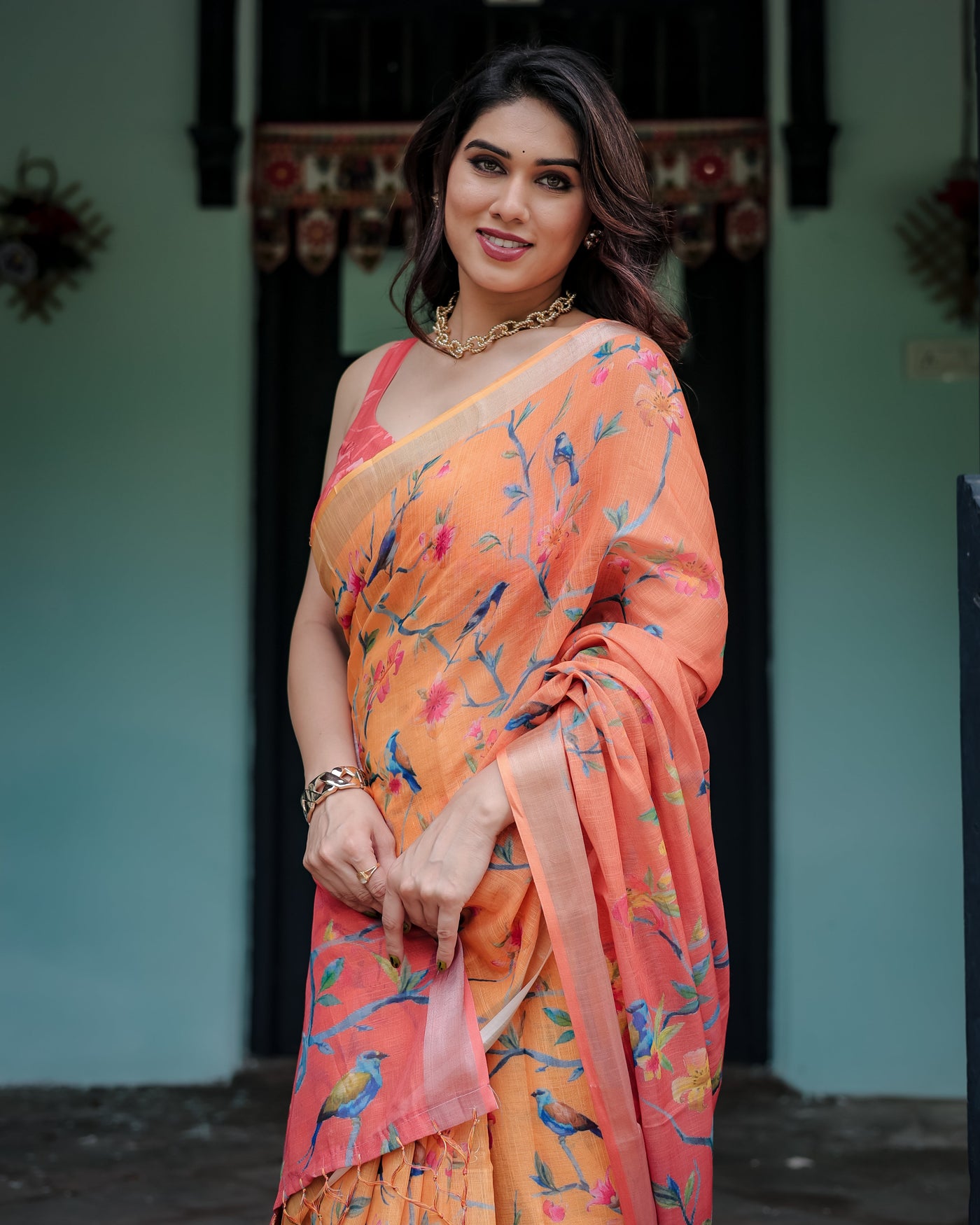 Peach and Orange Pure Cotton Linen Saree with Floral and Bird Print, Blouse, and Tassel Detailing