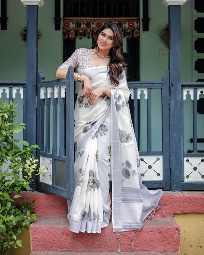 White and Grey Pure Cotton Linen Saree with Floral Print, Blouse, and Tassel Detailing