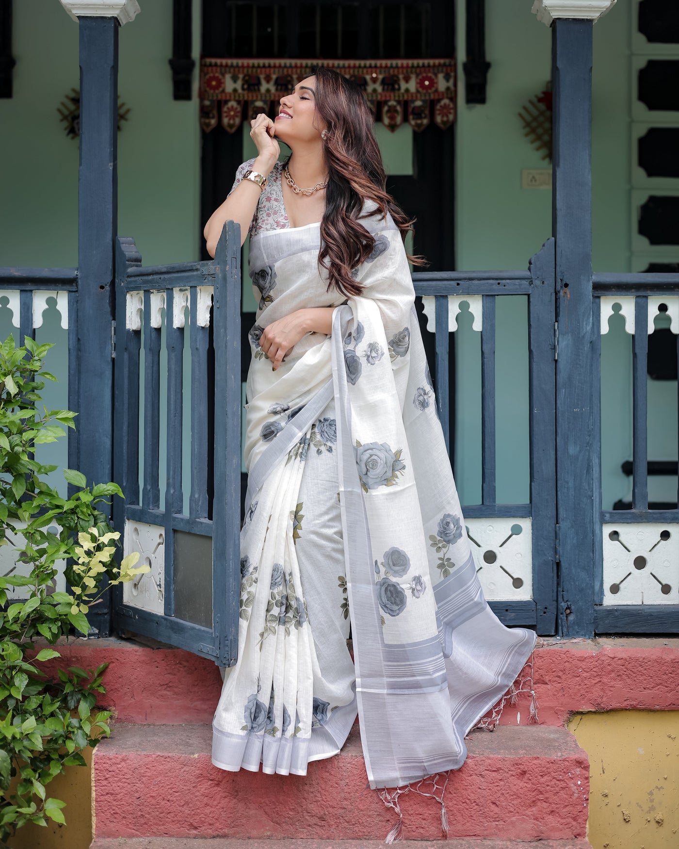 White and Grey Pure Cotton Linen Saree with Floral Print, Blouse, and Tassel Detailing