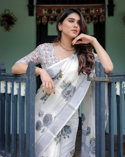 White and Grey Pure Cotton Linen Saree with Floral Print, Blouse, and Tassel Detailing