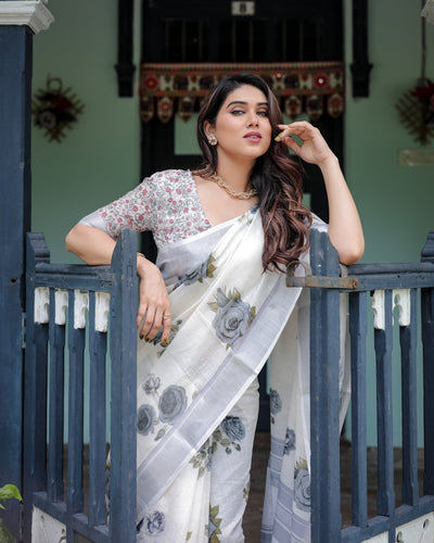 White and Grey Pure Cotton Linen Saree with Floral Print, Blouse, and Tassel Detailing