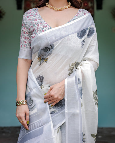 White and Grey Pure Cotton Linen Saree with Floral Print, Blouse, and Tassel Detailing