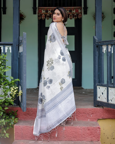 White and Grey Pure Cotton Linen Saree with Floral Print, Blouse, and Tassel Detailing