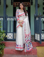 White Pure Cotton Linen Saree with Multicolor Checkered Design, Blouse, and Tassel Detailing