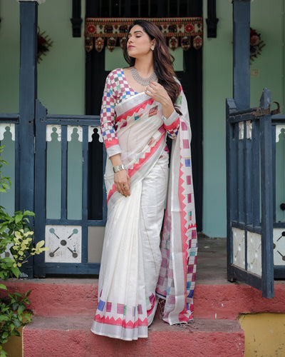 White Pure Cotton Linen Saree with Multicolor Checkered Design, Blouse, and Tassel Detailing