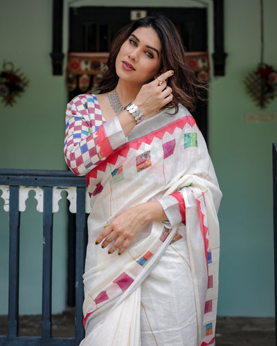 White Pure Cotton Linen Saree with Multicolor Checkered Design, Blouse, and Tassel Detailing