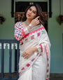 White Pure Cotton Linen Saree with Multicolor Checkered Design, Blouse, and Tassel Detailing