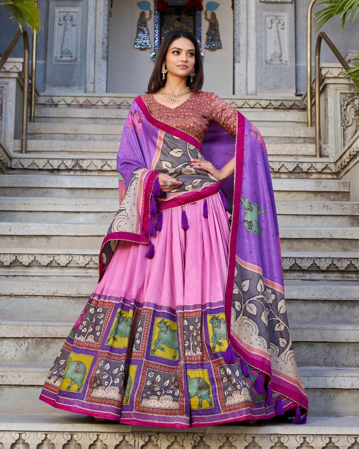 Blush Pink & Lilac Kalamkari Dola Silk Lehenga Set – A Graceful Symphony of Heritage & Elegance