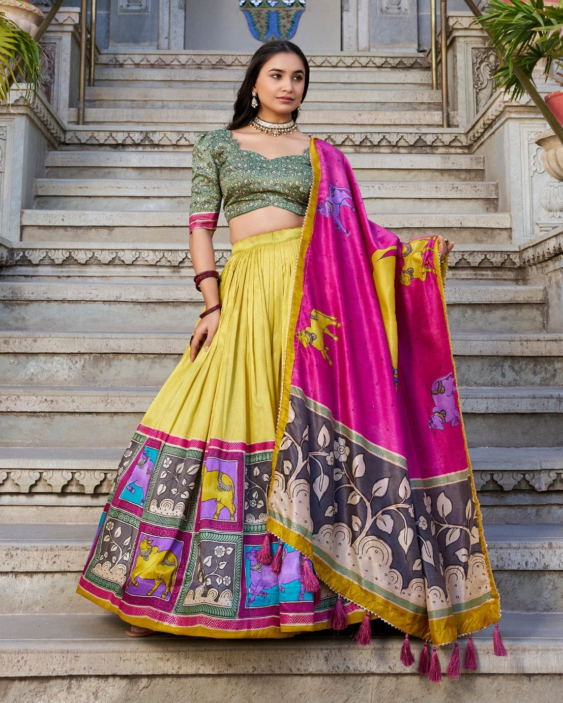 Majestic Sapphire & Gold Kalamkari Dola Silk Lehenga – A Celebration of Heritage & Elegance