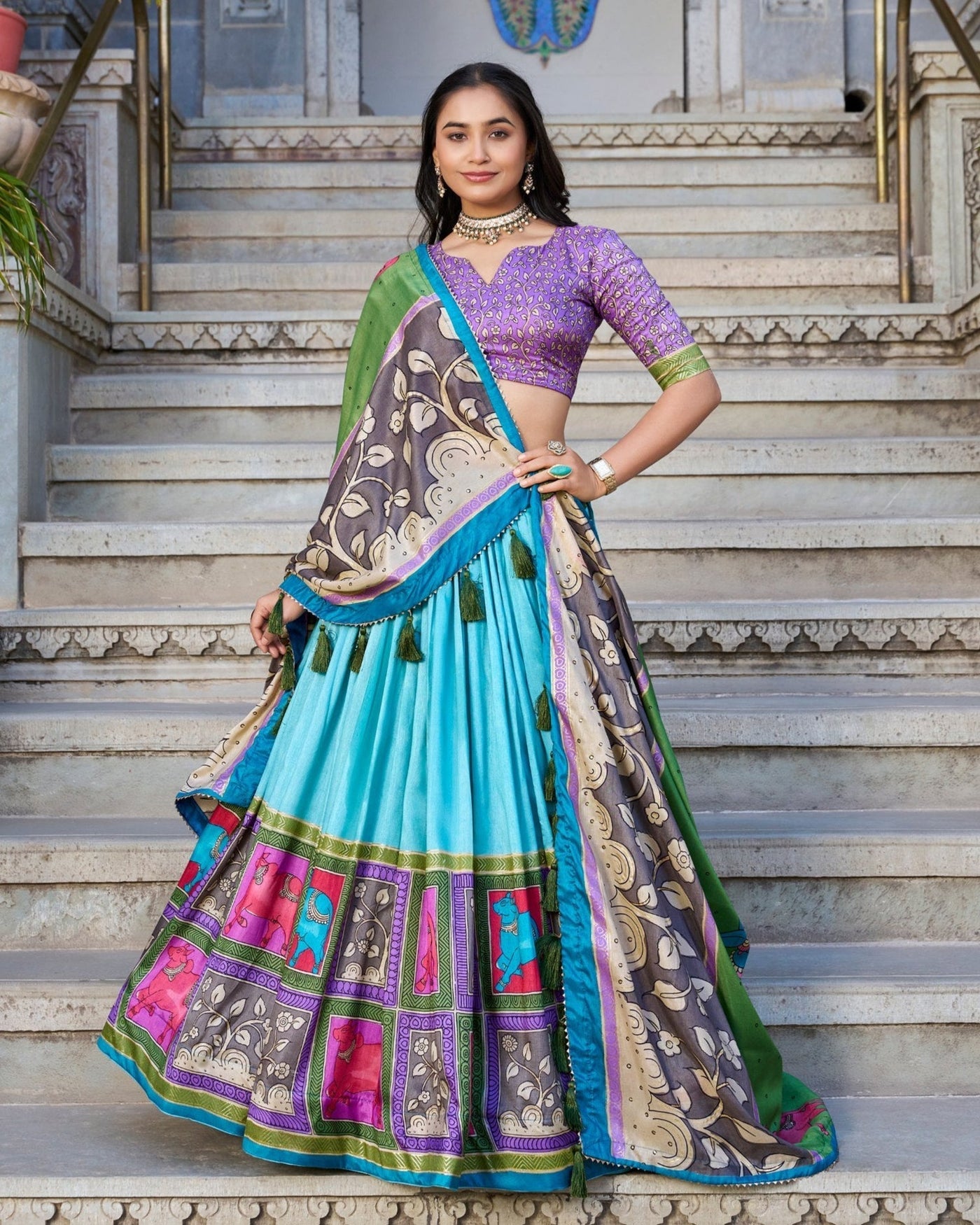 Turquoise Blue & Purple Tussar Silk Kalamkari Lehenga Choli with Elegant Foil Work