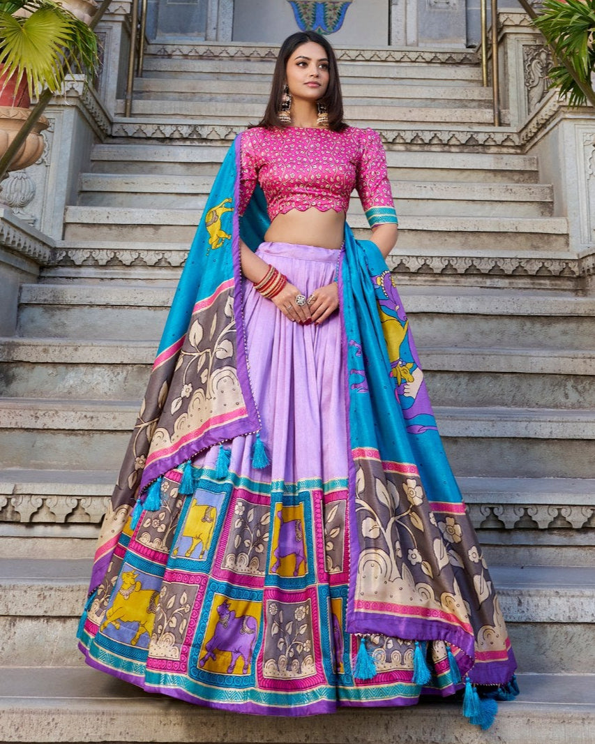 Royal Lilac & Azure Blue Kalamkari Tussar Silk Lehenga Set