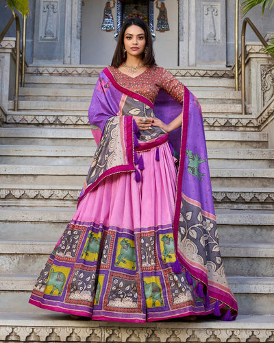 Blush Pink & Lilac Kalamkari Dola Silk Lehenga Set – A Graceful Symphony of Heritage & Elegance