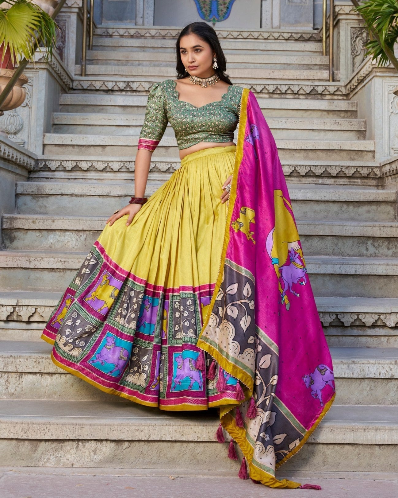 Majestic Sapphire & Gold Kalamkari Dola Silk Lehenga – A Celebration of Heritage & Elegance