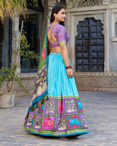 Turquoise Blue & Purple Tussar Silk Kalamkari Lehenga Choli with Elegant Foil Work