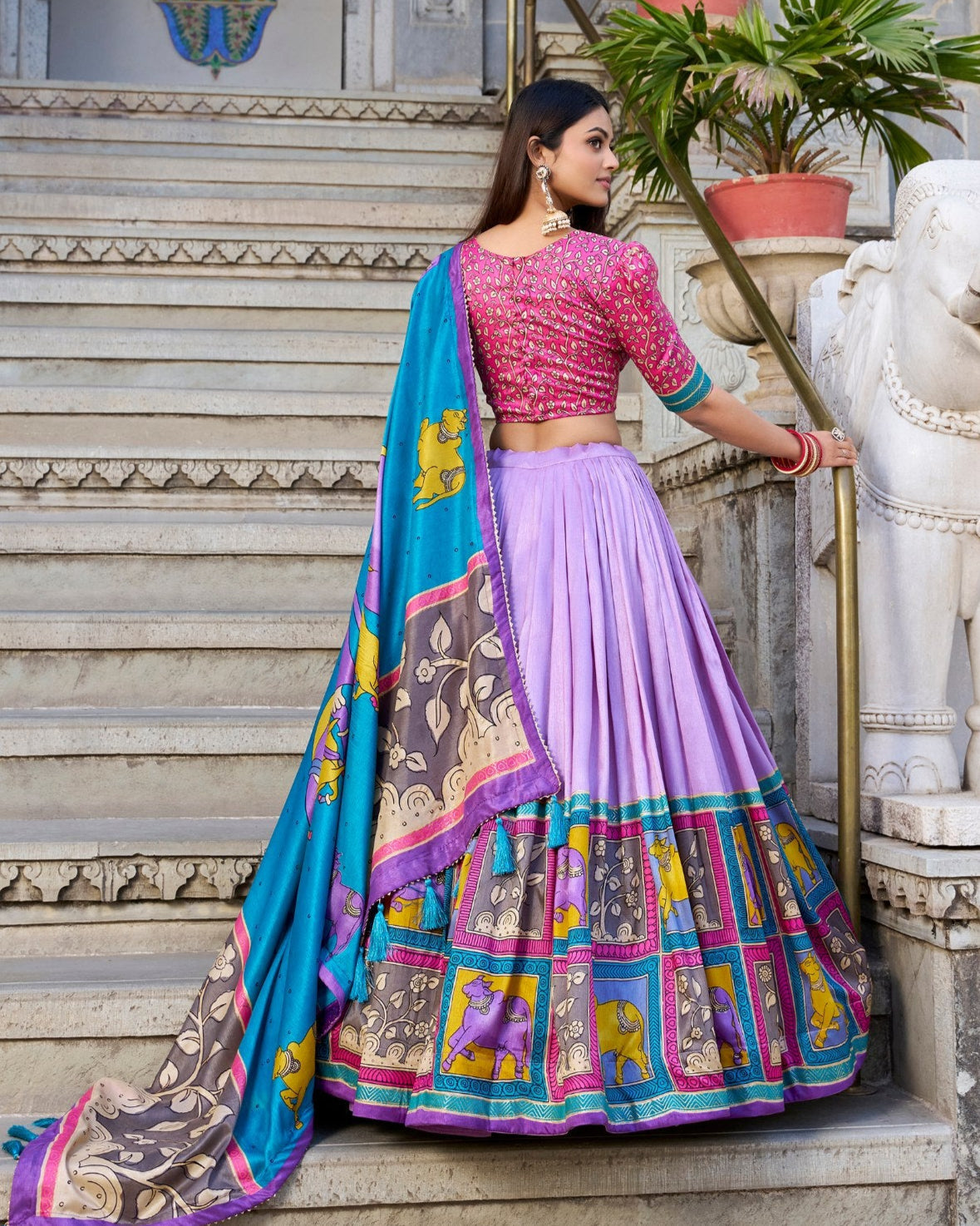 Royal Lilac & Azure Blue Kalamkari Tussar Silk Lehenga Set