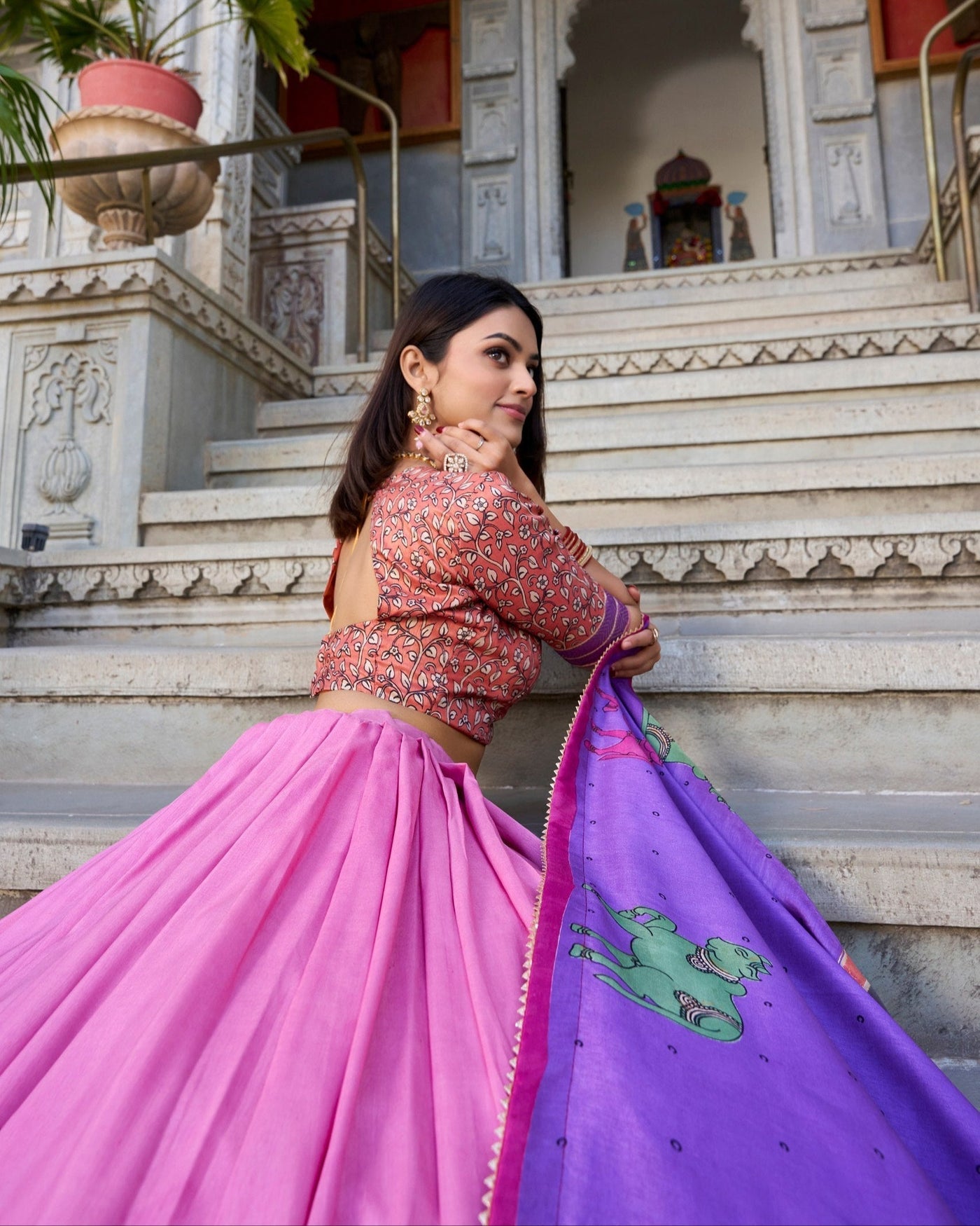 Blush Pink & Lilac Kalamkari Dola Silk Lehenga Set – A Graceful Symphony of Heritage & Elegance