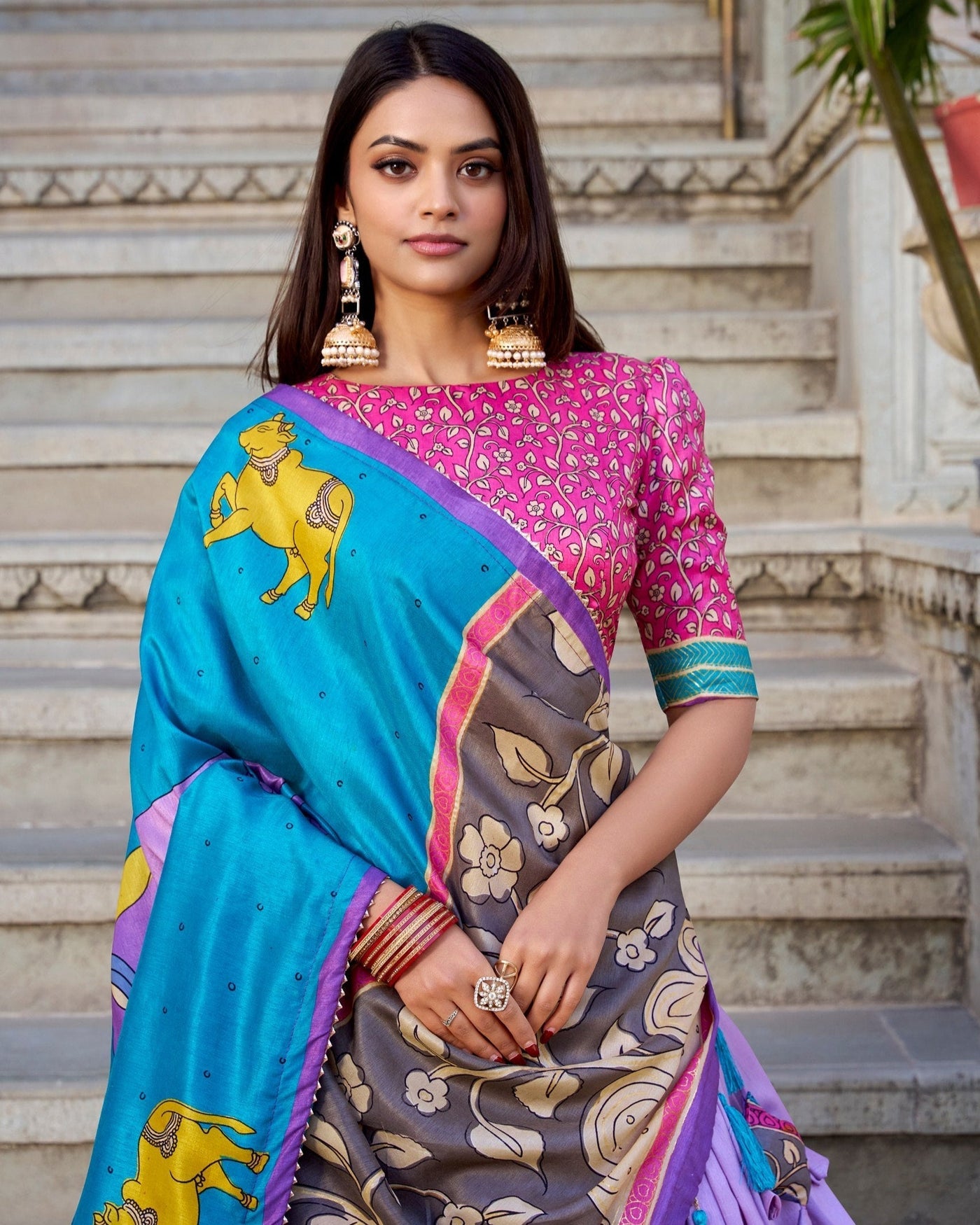 Royal Lilac & Azure Blue Kalamkari Tussar Silk Lehenga Set