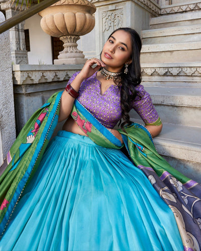 Turquoise Blue & Purple Tussar Silk Kalamkari Lehenga Choli with Elegant Foil Work