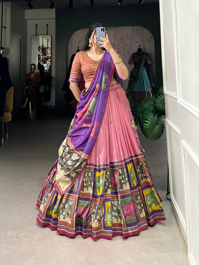 Blush Pink & Lilac Kalamkari Dola Silk Lehenga Set – A Graceful Symphony of Heritage & Elegance